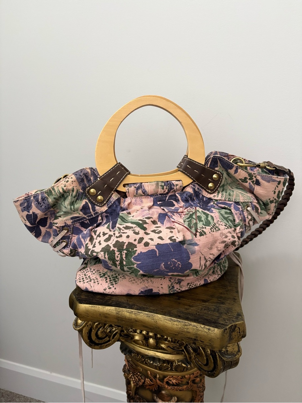 Guess Pink Floral Canvas Shoulder Bag with Wooden Ring Handles